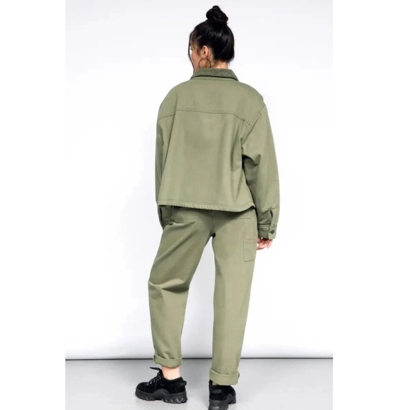 BP Wildfang Olive Green Faux Sherpa Collar‎ Lined Button Front Jacket Chore NEW - Picture 9 of 14